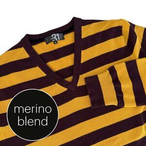 SIMONS LE 31 Mustard & Burgundy Striped Merino Blend V-Neck Sweater m
